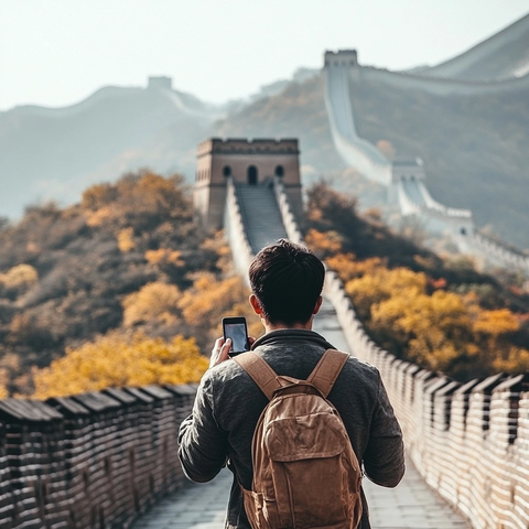 男子在长城上打电话