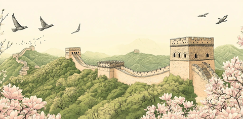 长城与玉兰花开