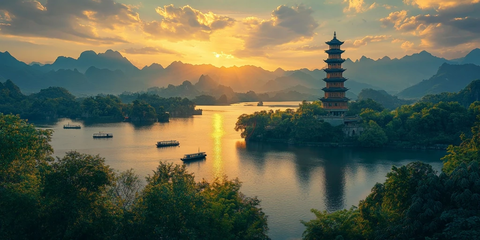 日落时分古塔下的山水湖泊全景