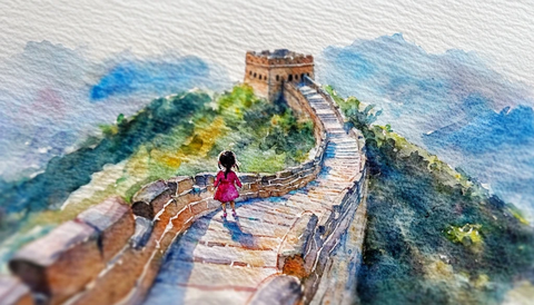 女孩站在长城上庆祝国庆