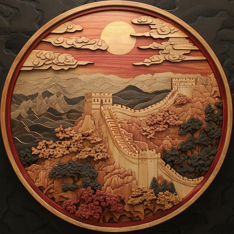 长城日落木雕