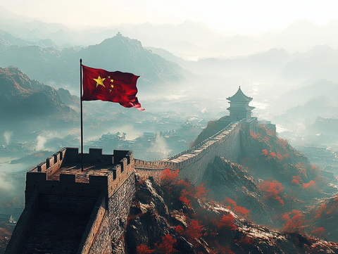 中国国旗与城市城墙