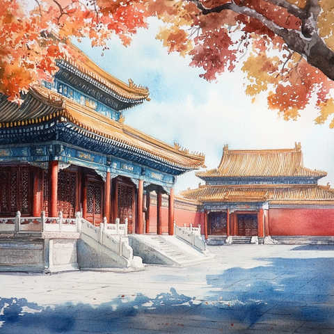 秋日紫禁城水彩画