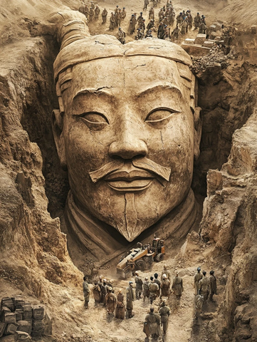 巨大的兵马俑头像挖掘现场