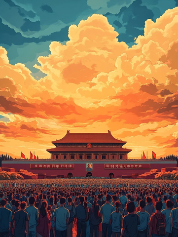 天安门广场人群与橙色云彩