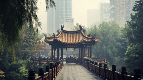 中式凉亭与现代建筑交融的景致