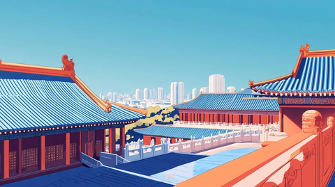 中式宫殿屋顶现代城市鸟瞰图