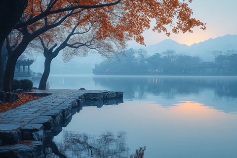 湖畔秋景石板路近水楼台的自然风光