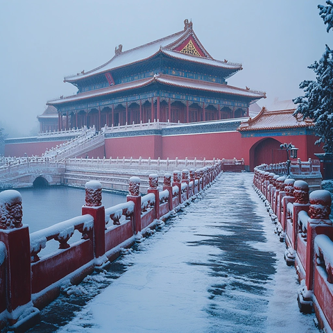 紫禁城雪雾无人全景