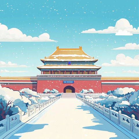 雪中灯笼装饰的紫禁城