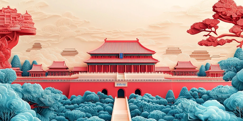 红蓝古建筑纸雕