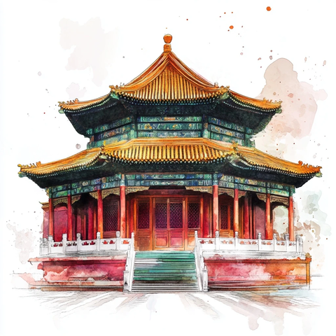 祖先庙宇水彩画