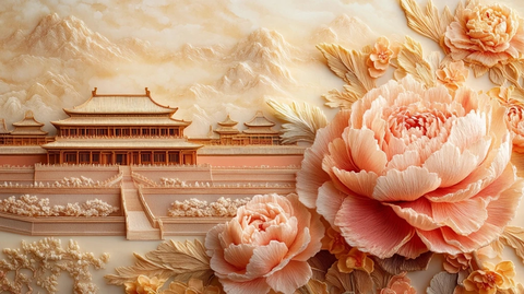 刺绣牡丹与古建筑