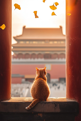 猫坐石桥望宫墙