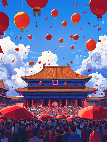 红灯笼下的建筑庆典