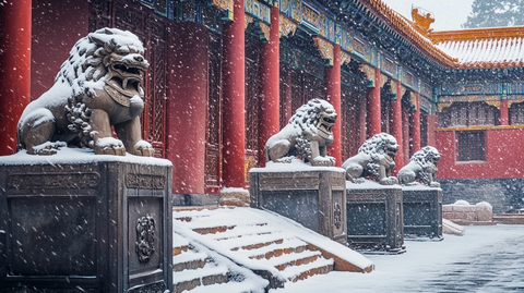 雪中宫殿红墙狮像