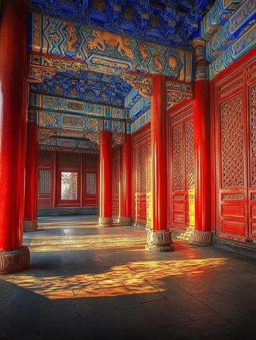 紫禁城内红柱蓝顶