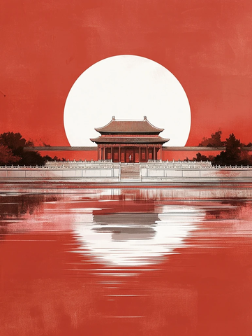 日落古建筑圆月湖面