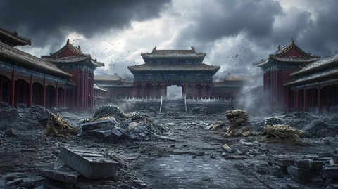 破碎的龙雕与倒塌的柱