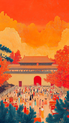 红灯笼下松树庭院