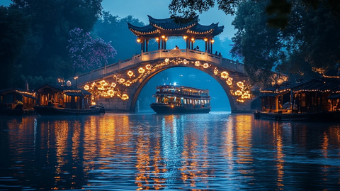 灯光璀璨的古桥夜景与水面游船相映成趣