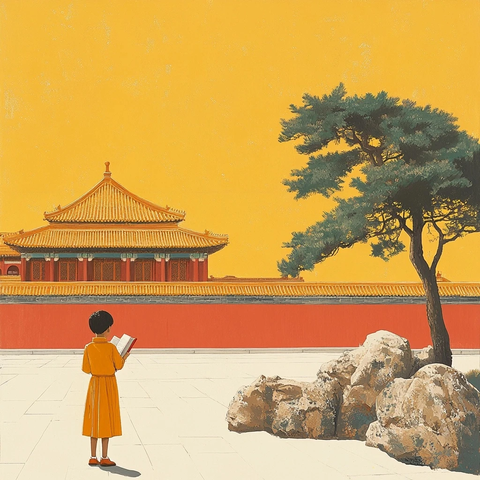 少年读书庭院中