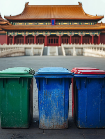 宫殿前彩色垃圾桶排列