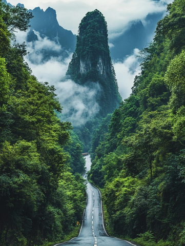 云雾缭绕的山路