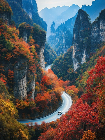 蜿蜒山路与枫树林