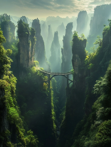 峡谷古桥与石柱