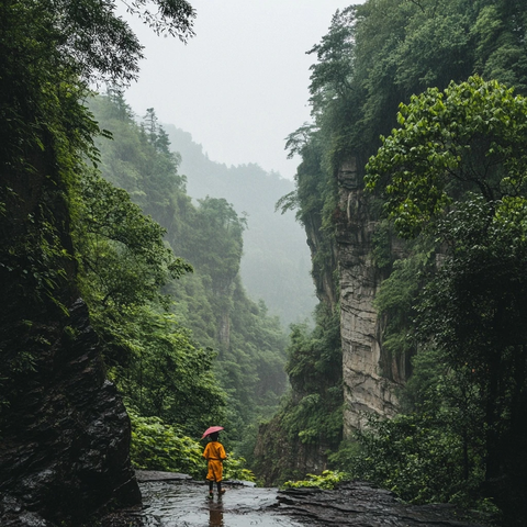 男孩在雨中森林玩耍