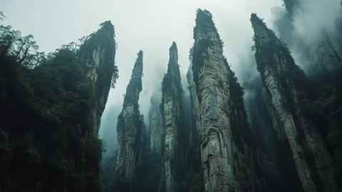 绿色植被覆盖的岩石景观