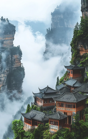 云雾缭绕的山村古建筑