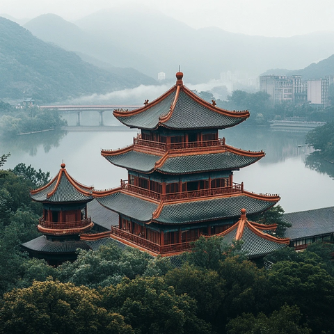 山水间的中式多层古建筑全景