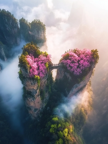 心形山峰与桃花峡谷