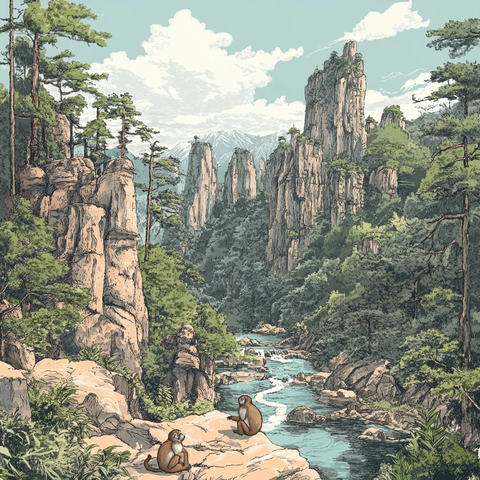 山中溪流与猴群