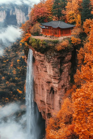 悬崖上的中式建筑与瀑布