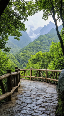 石径木栏与远山