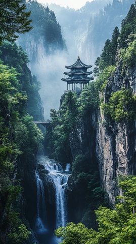 神秘城堡与瀑布