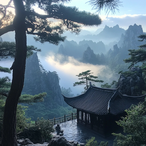 少年站立山下茅草屋