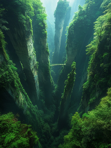 峡谷古桥与石柱