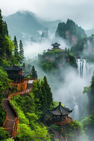 云雾缭绕的山间瀑布与茶室