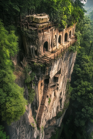 悬崖石壁上的倒挂坦克模型