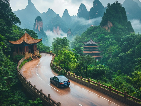 家庭车穿越美景