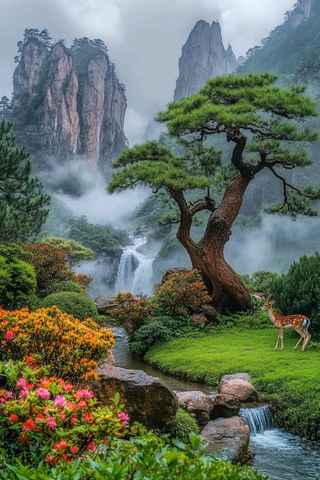 古松、鹿群、瀑布、云雾