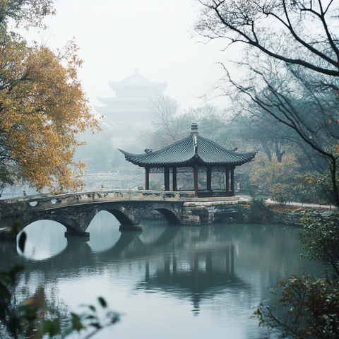 雾中水边古桥亭台风景