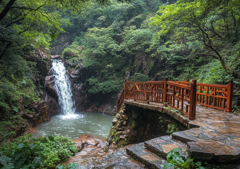 木桥石阶瀑布水潭