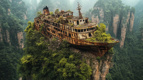 悬崖上的废弃游轮