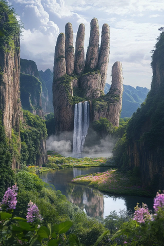 胜利手势山与瀑布湖