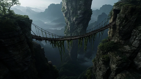 悬索桥连接陡峭山峰
